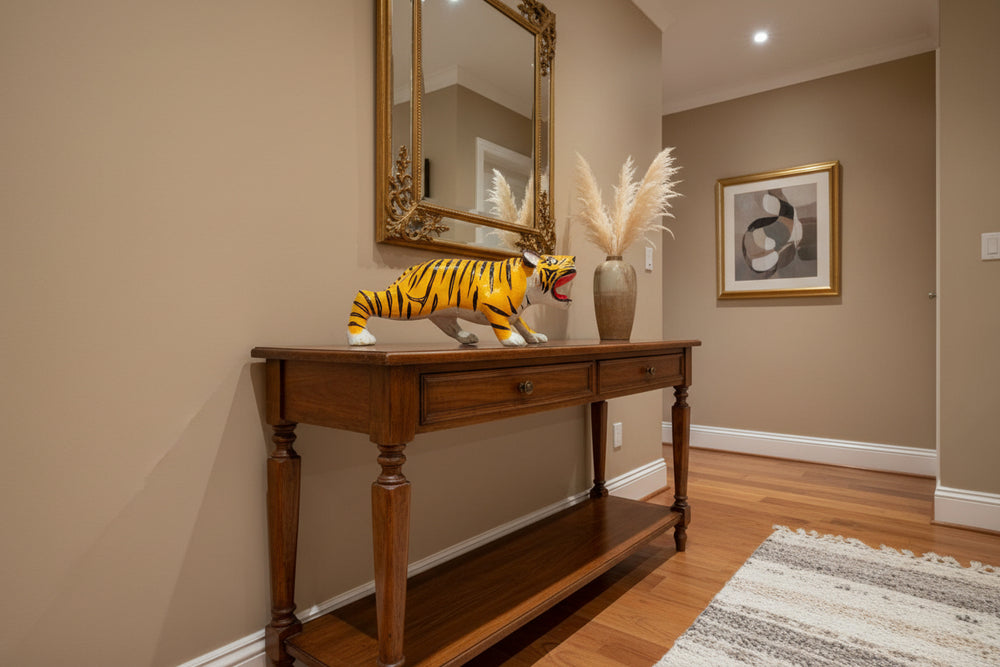 Handcrafted Nirmal lacquered wooden tiger toy in walking posture with hand-painted stripes