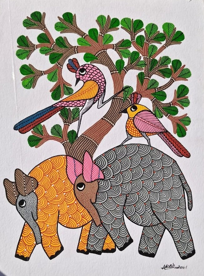 Elephant & Birds Tribal Wildlife Art - Gond Painting Paintings