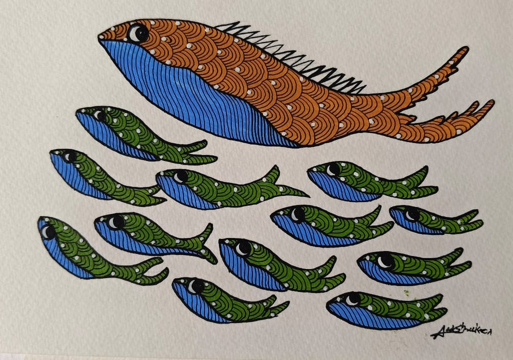 Hand-Painted Gond Art – Harmonious School of Fish Paintings