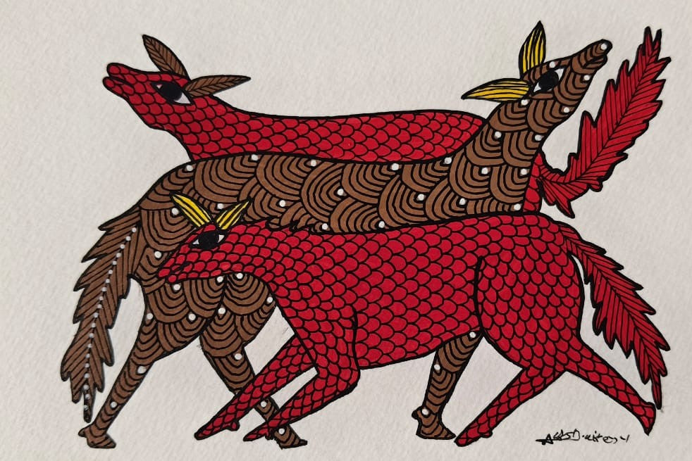 Tribal Fox Pair Artwork – Folk Style | Gond Painting Paintings