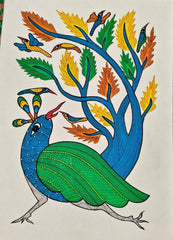 Traditional Gond Art – Dancing Peacock in Sacred Azure Tree Paintings