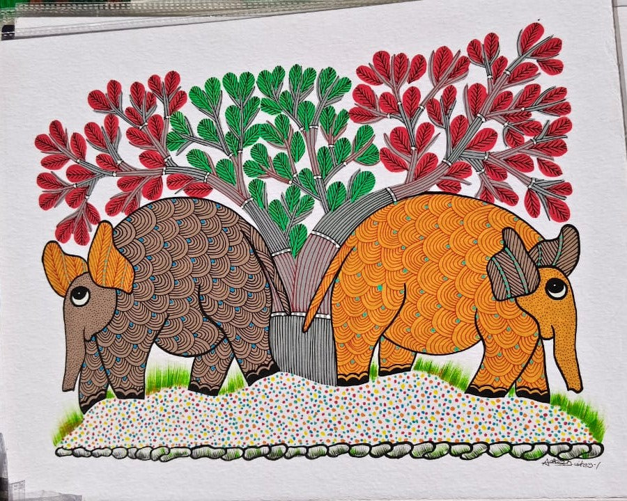 Twin Elephants Nature Painting - Authentic Gond Folk Art Paintings