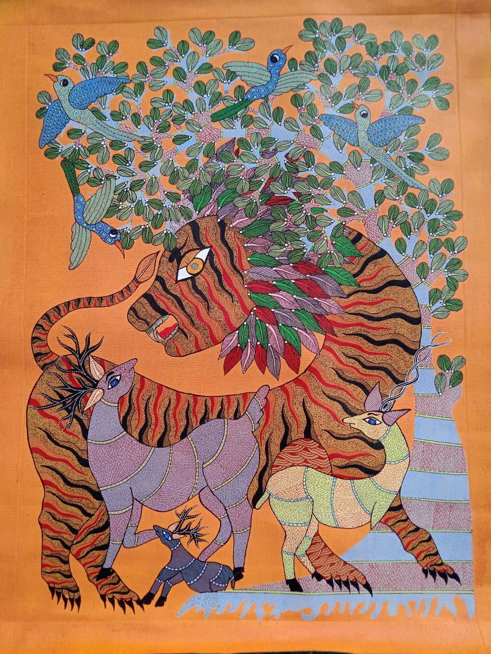 The Forest Guardian – Tiger & Antelope Landscape | Handmade Gond Painting Paintings