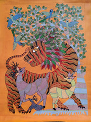 The Forest Guardian – Tiger & Antelope Landscape | Handmade Gond Painting Paintings