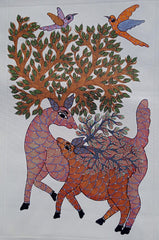 The Living Forest – Deer & Tree of Life | Handmade Gond Painting Paintings