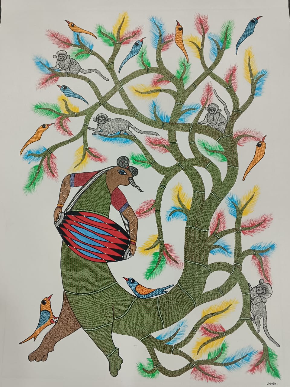 Tribal Musician with Dhol & Forest Wildlife - Gond Painting Paintings