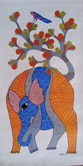 Gajraj & the Sacred Bloom – Vibrant Elephant | Handmade Gond Painting Paintings