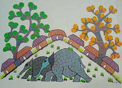 The Gentle Walk – Elephants & Village Life | Handmade Tribal Art Painting Paintings