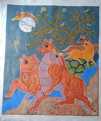 Moonlit Wilderness – Tigers and Deer by the River | Handmade Gond Painting Paintings