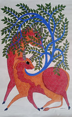 Crimson Antelope & Blue Forest – Contemporary Gond Painting Paintings