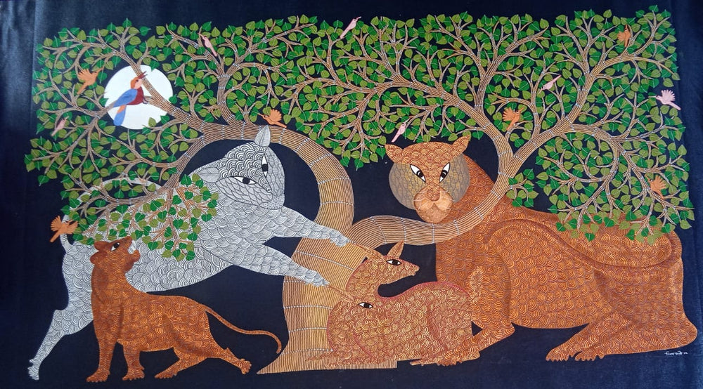 Tigers Under Tree of Life Tribal Wall Art - Gond Painting Paintings
