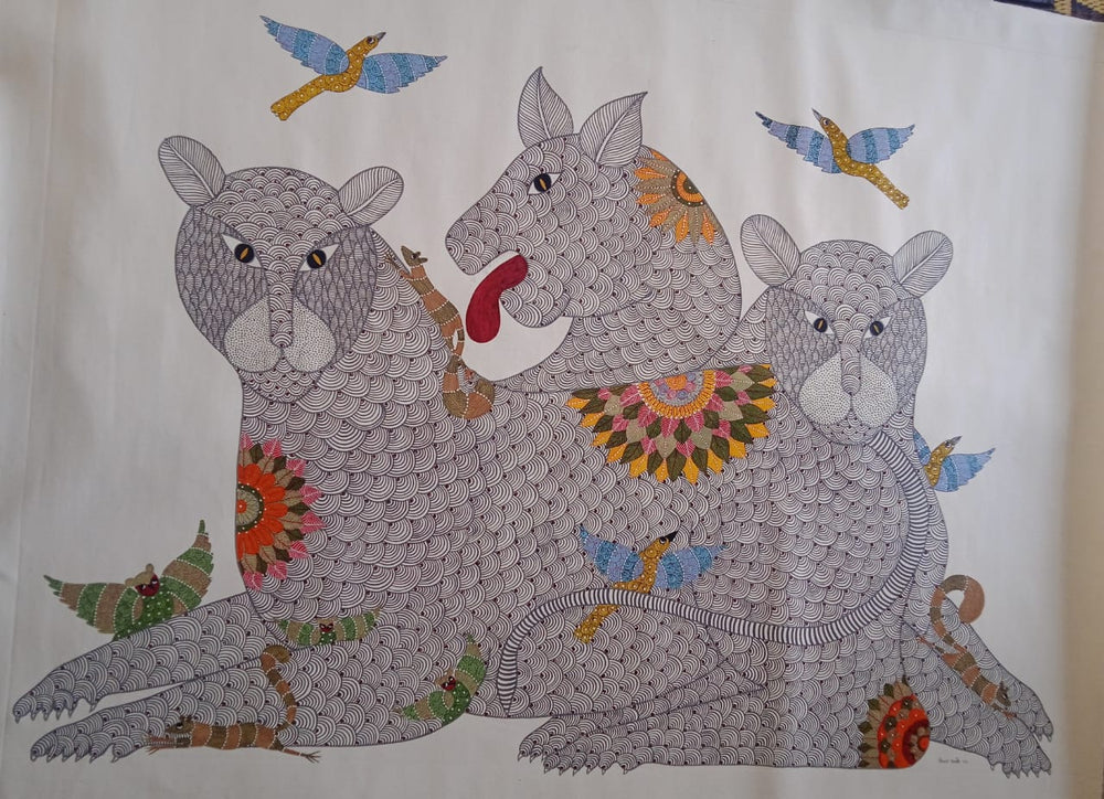Handmade Gond Art Painting – Tribal Tiger & Nature Motif Wall Art Paintings