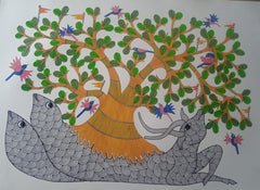 Fish, Deer & Tree of Life Tribal Wall Art - Gond Painting Paintings