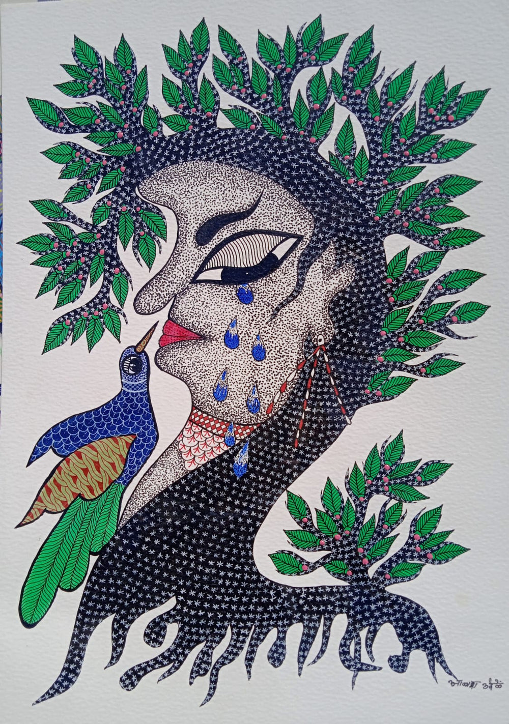 Nature’s Sorrow Surreal Tree-Woman Art - Gond Painting Paintings