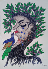 Nature’s Sorrow Surreal Tree-Woman Art - Gond Painting Paintings