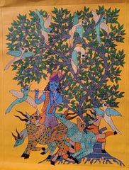 Lord Krishna with Sacred Cows under the Kalpavriksha - Gond Painting Paintings