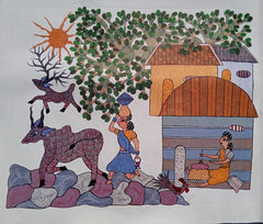 Authentic Hand-Painted Tribal Life Scene – Gond Painting Paintings