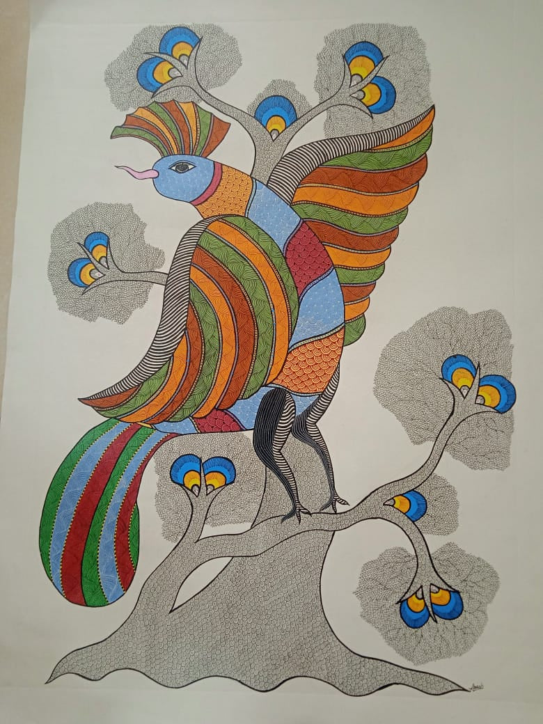 Hand-Painted Tribal Bird & Tree of Life – Gond Painting Paintings