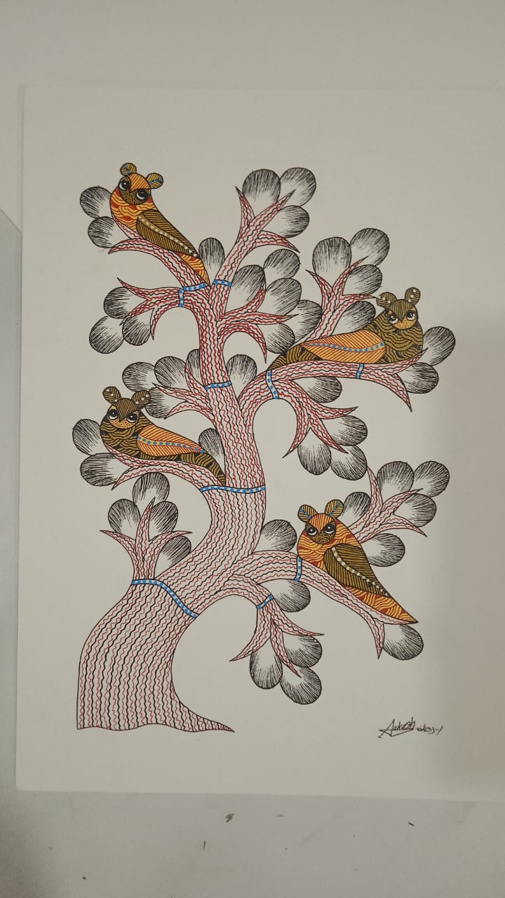 The Nesting Guardians Hand-Painted Gond Art Paintings