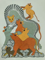 The Guardian Tigress & Cubs – Traditional Gond Folk Painting Paintings