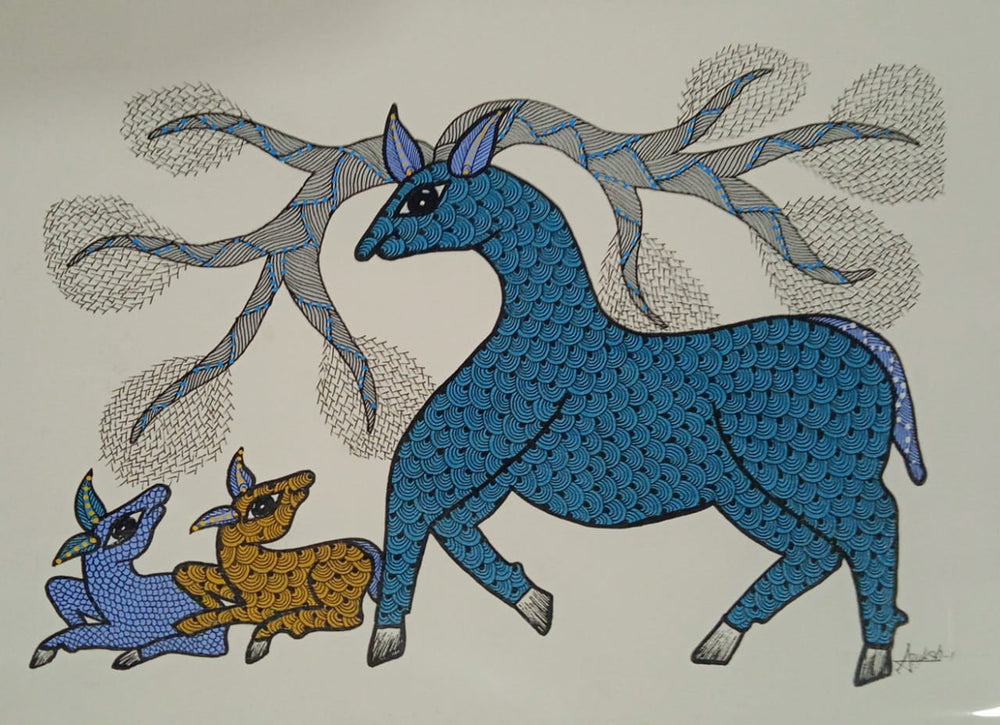 Hand-Painted Blue Deer Tribal Wall Art – Gond Painting Paintings