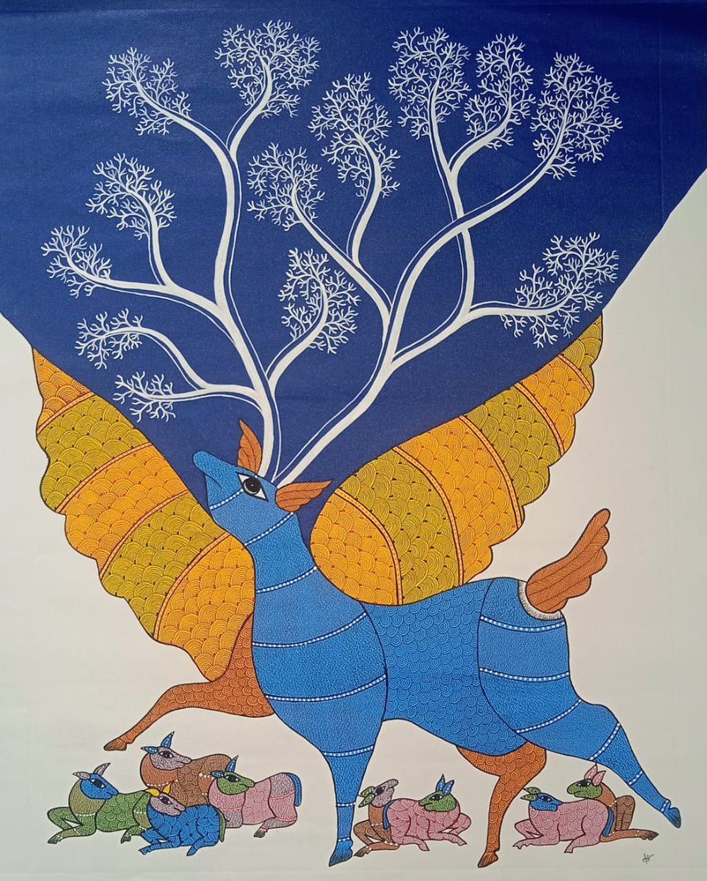 The Mythical Winged Deer of the Starry Grove – Gond Painting Paintings