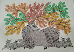 Mother and Fawn in the Blossom Grove – Gond Painting Paintings