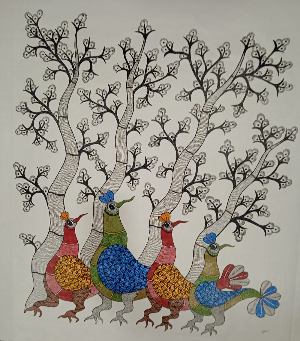 The Royal Peacock Procession Under the Tree – Gond Painting Paintings