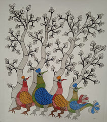 The Royal Peacock Procession Under the Tree – Gond Painting Paintings