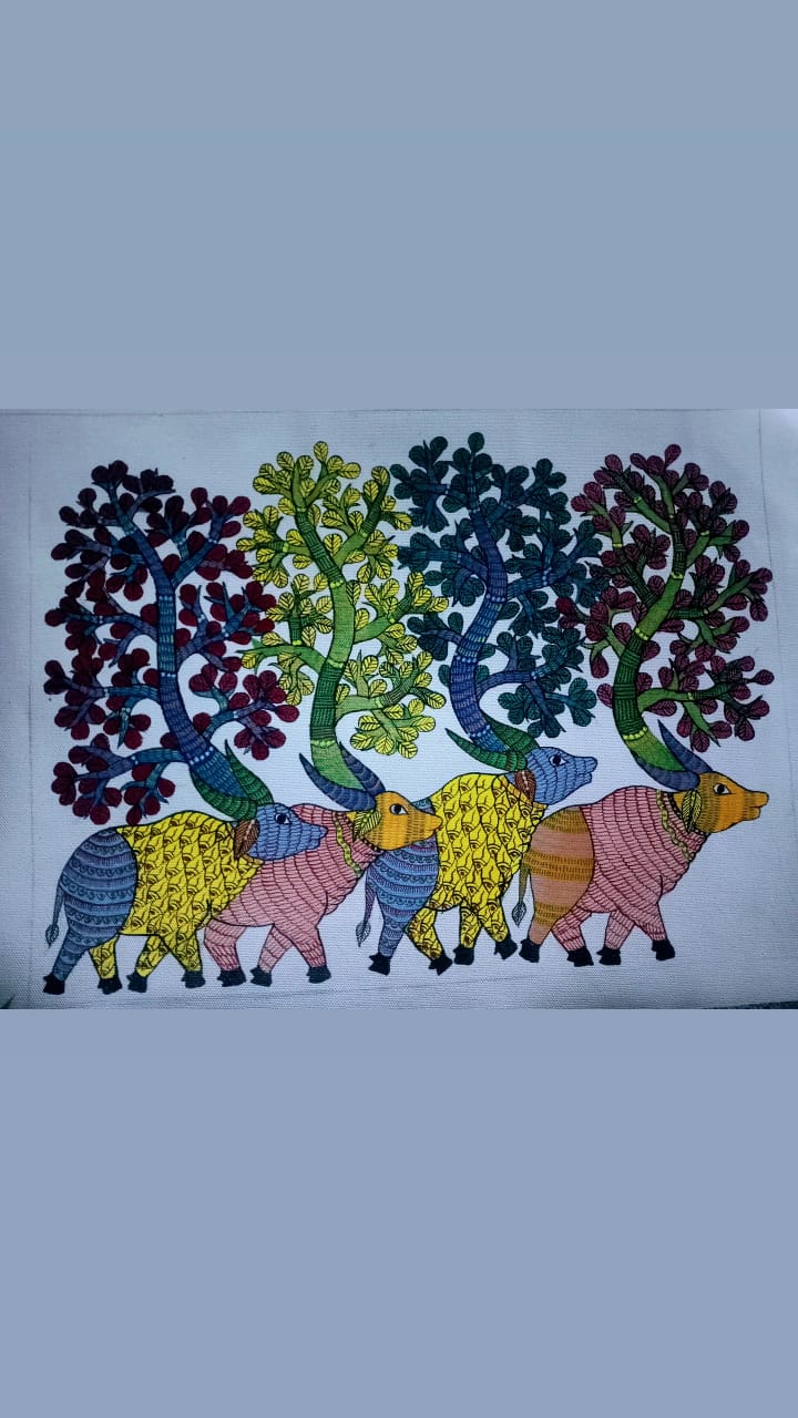 Mythical Bulls of the Verdant Forest – Gond Painting Paintings