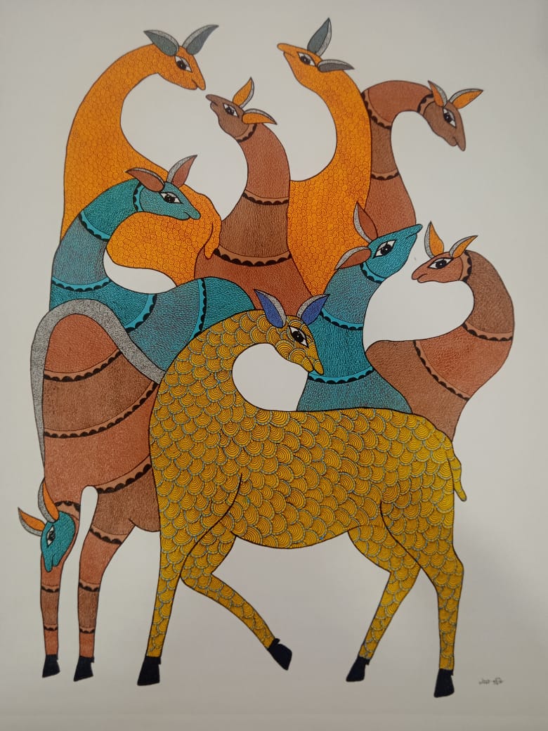 A Harmonious Herd of Tribal Deer - Gond Painting Paintings