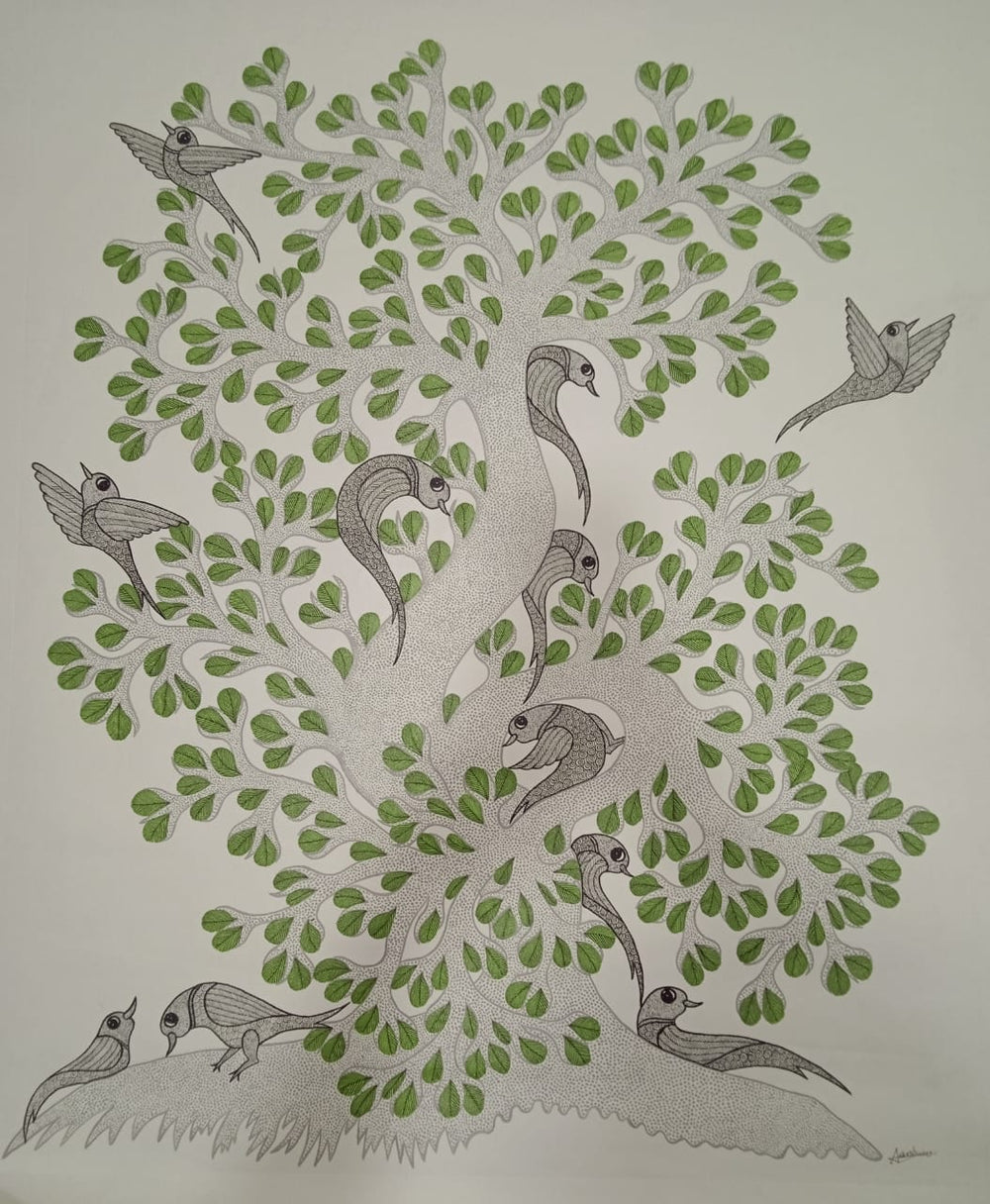Tree of Life with Integrated Bird Motifs -Gond Painting Paintings