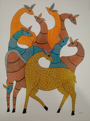 A Harmonious Herd of Tribal Deer - Gond Painting Paintings