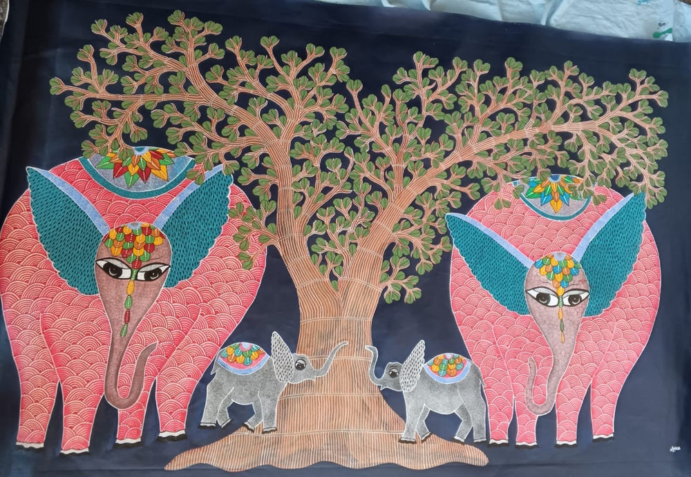 Majestic Elephant Family Under the Sacred Tree - Gond Painting Paintings
