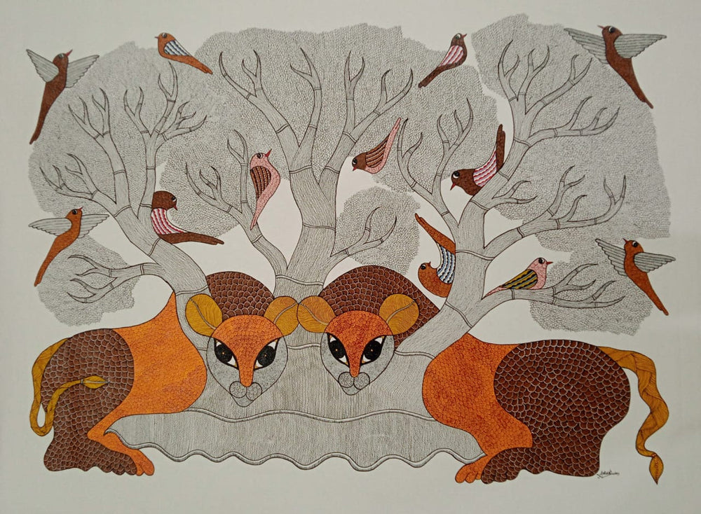 Resting Tigers with Birds – Tribal Art Gond Painting Paintings