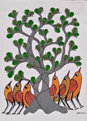 Six Guardian Birds and the Textured Silver Tree - Gond Painting Paintings