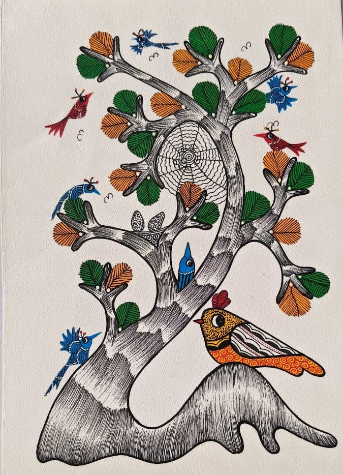 The Life-Giving Tree and Forest Aviary - Gond Painting Paintings