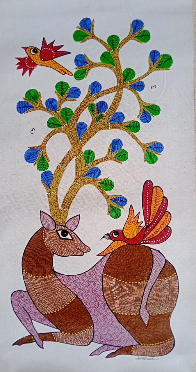 The Antler Tree Deer and Forest Birds - Gond Painting Paintings