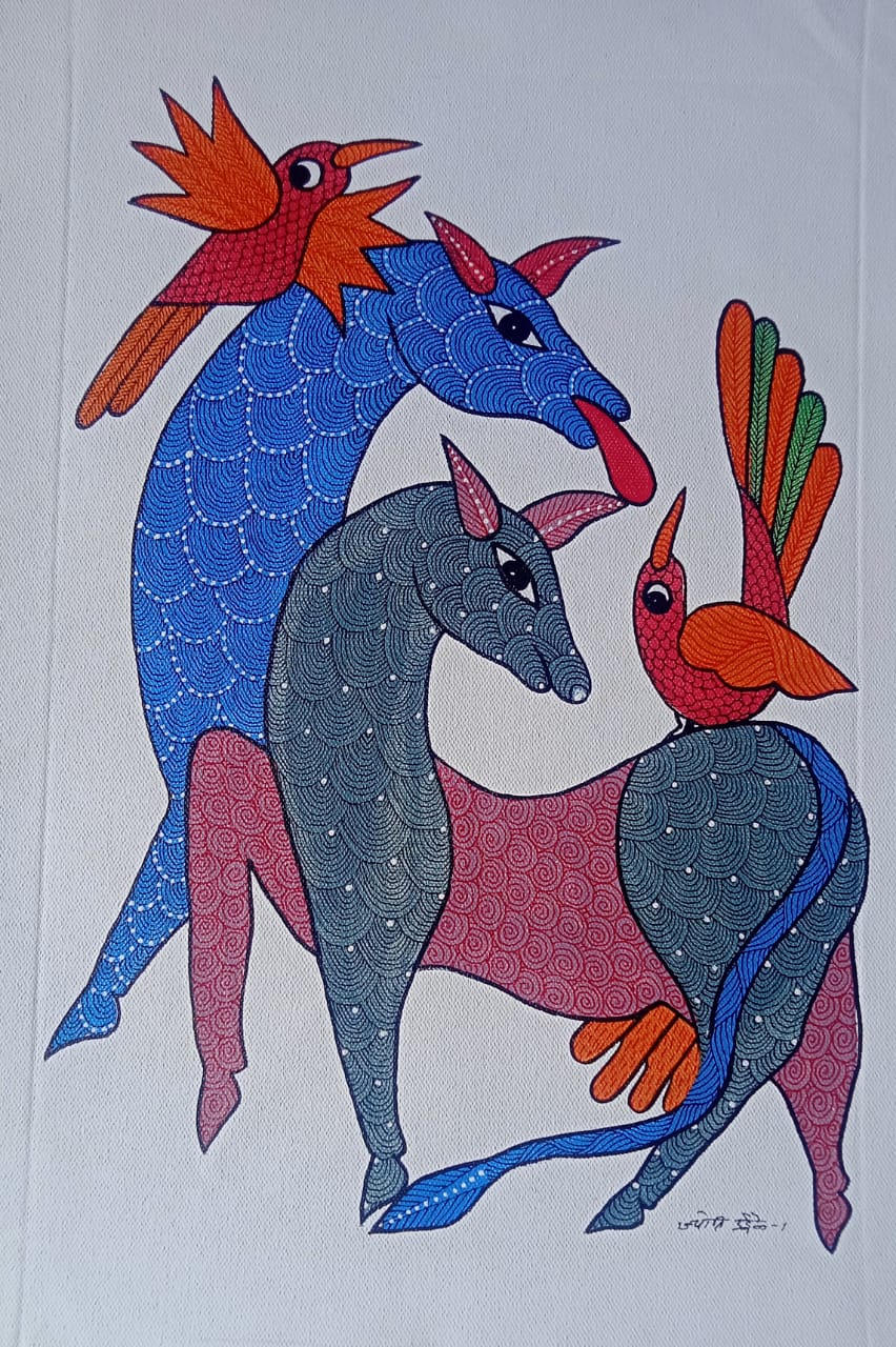 The Dancing Deer and Forest Birds - Gond Painting Paintings