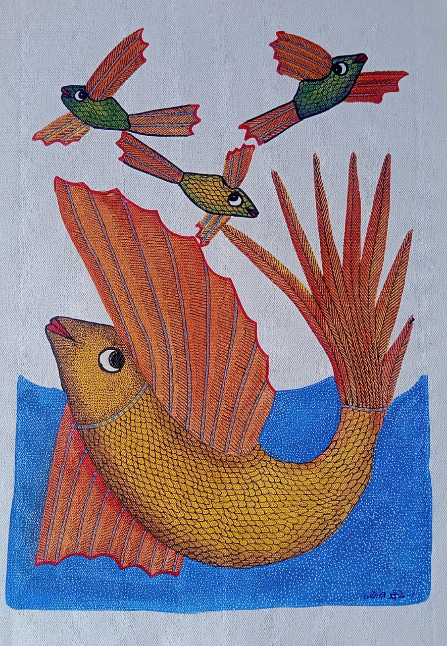 The Golden Fish and Winged Companions - Gond Painting Paintings