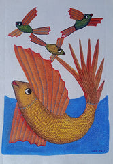 The Golden Fish and Winged Companions - Gond Painting Paintings