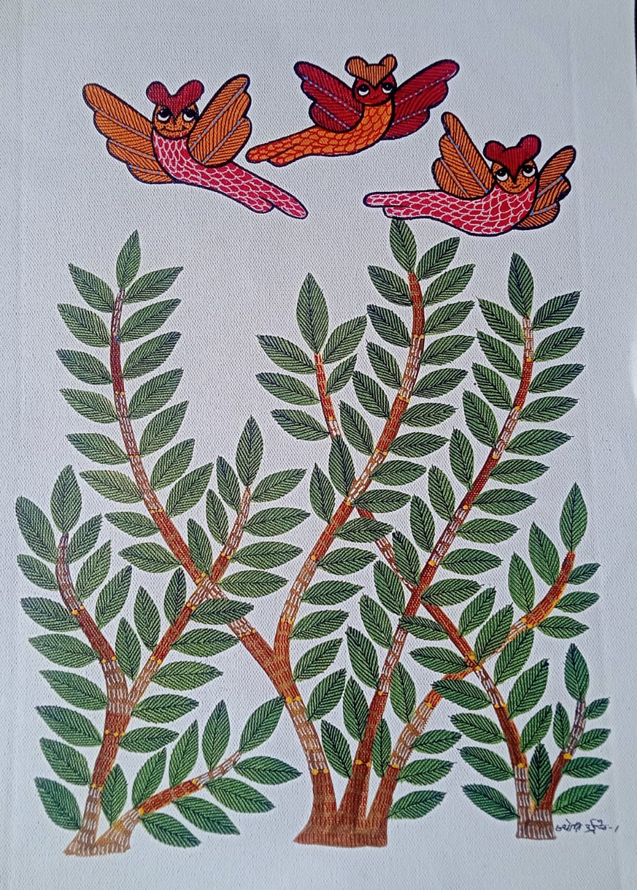 Birds in Flight Over the Sacred Grove - Gond Painting Paintings