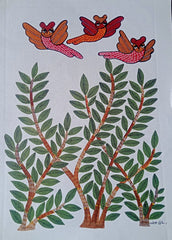 Birds in Flight Over the Sacred Grove - Gond Painting Paintings