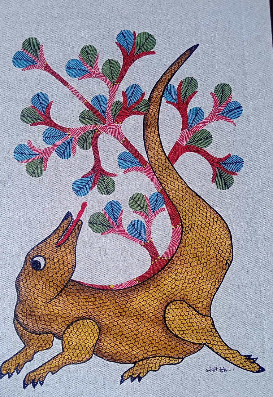 Mythical Lizard and Tree of Life - Gond Painting Paintings