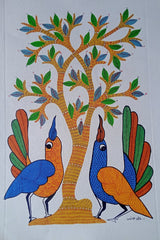 Twin Peacocks and the Tree of Life - Gond Painting Paintings