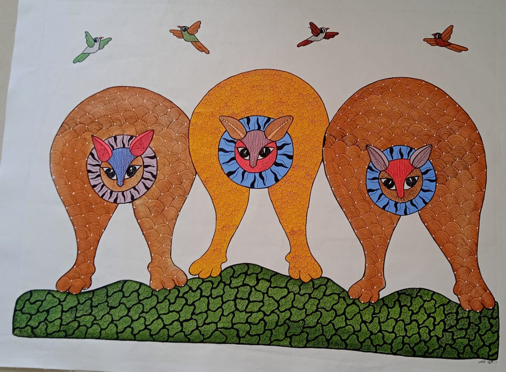 Three Forest Guardians Gond Painting Paintings
