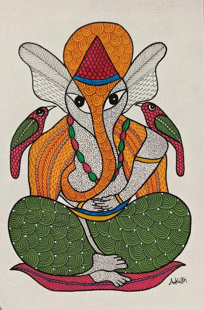 Vibrant Tribal Lord Ganesha with Parrots - Gond Painting Paintings