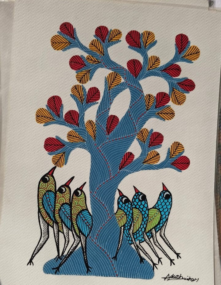 Gond Art Painting of Birds Under Tree of Life Paintings