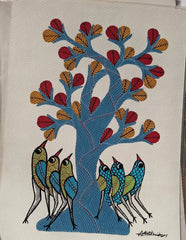 Gond Art Painting of Birds Under Tree of Life Paintings