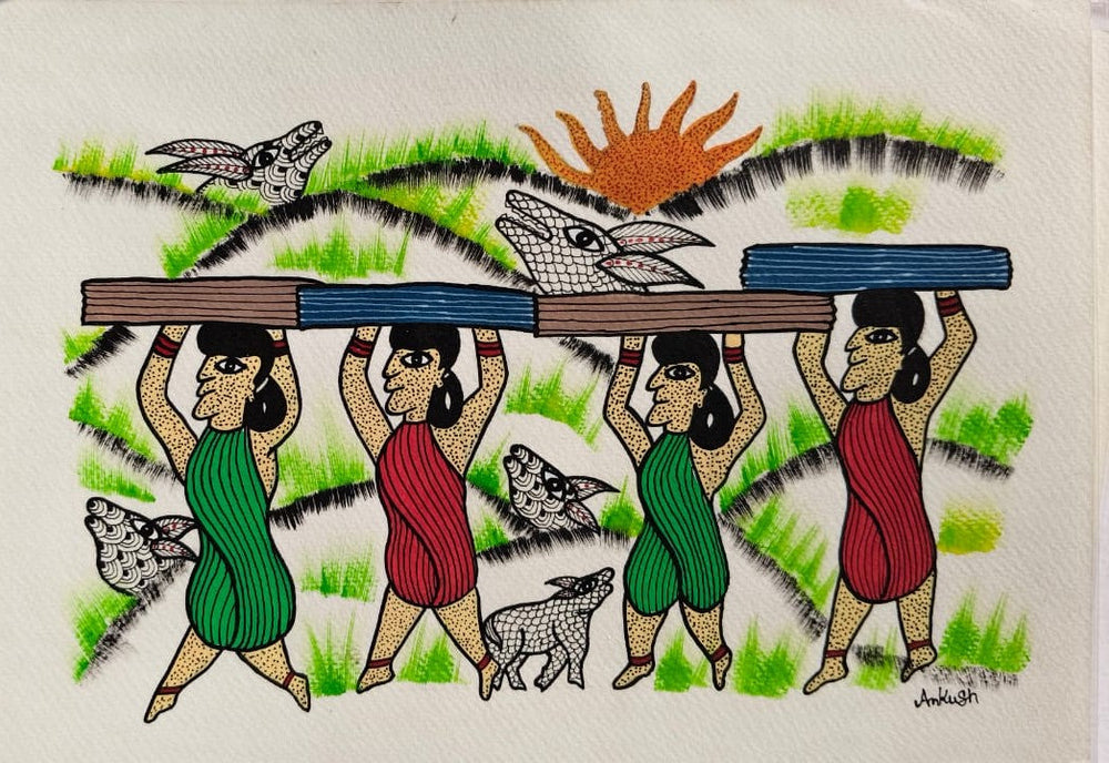 Tribal Women Carrying Wood with Nature Elements - Gond Painting Paintings